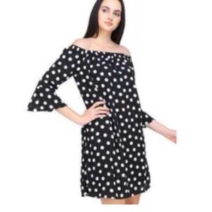 City Streets Black and White Polka Dot Dress with Bell Sleeve